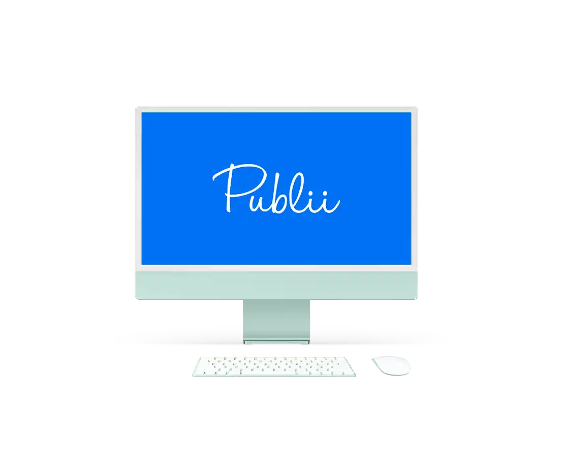 Imagen de iMac con el logo de Publii en pantalla.